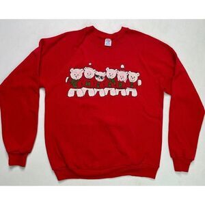 VINTAGE Jerzees Graphic Cheers Teddy Bear Sweatshirt Men Medium Red 80s USA